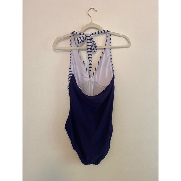 Women’s Navy & White Striped Halter One-Piece Swimsuit With Padded Cups Size S - Picture 2 of 6